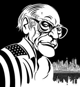 Arthur Miller, American playwright (1915-2005); black-and-white caricature, draped in American flag by Neale Osborne